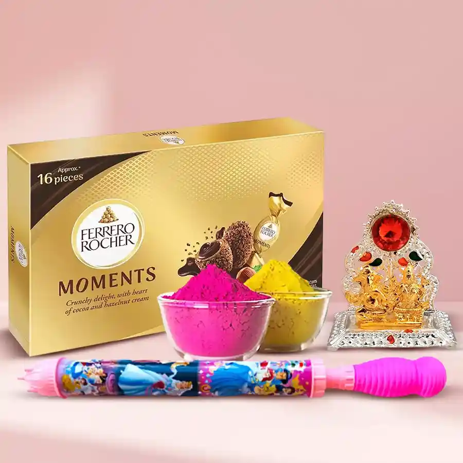 Decorative Lord Mandap with Ferrero Rocher chocolates, Pitchakari, and Herbal Gulal for Holi celebrations