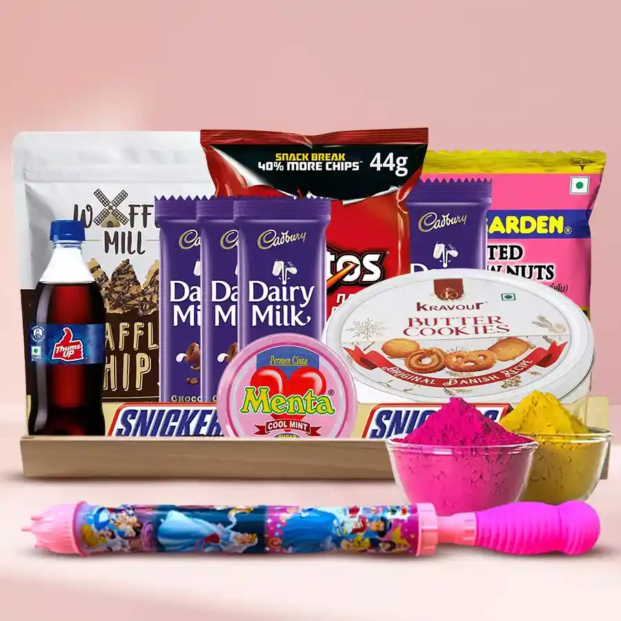 A colorful Holi celebration hamper featuring gourmet treats, a long pitchkari, and herbal gulal in a reusable wooden tray.
