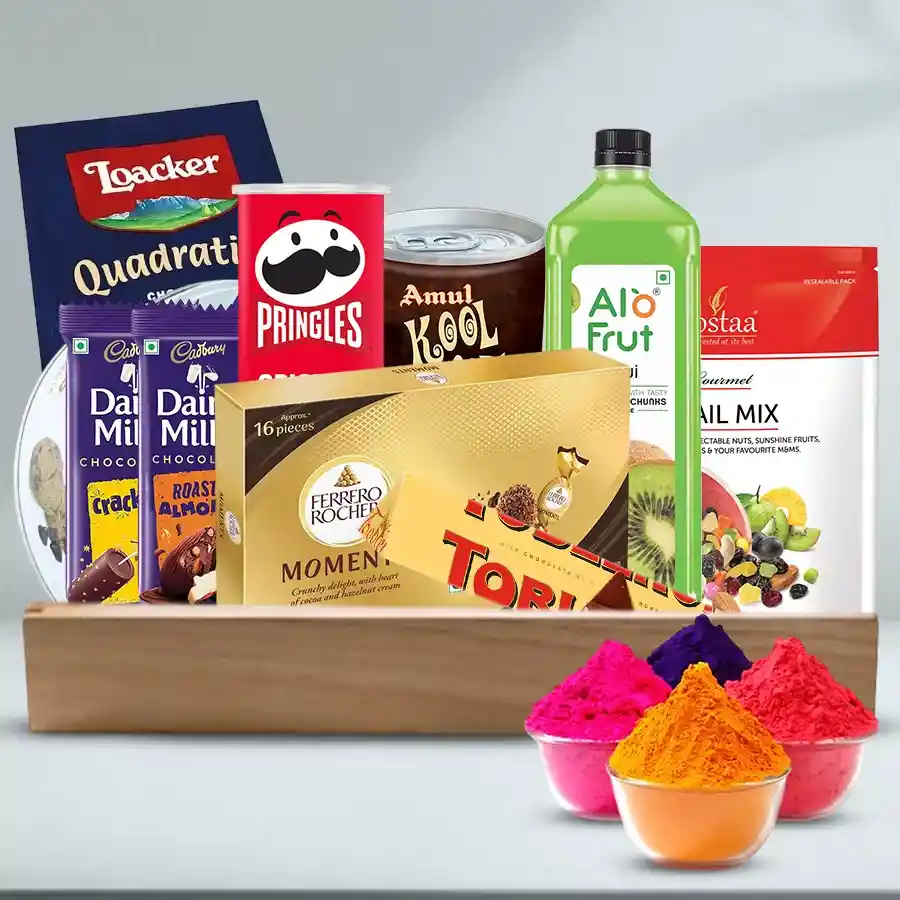 Exclusive Holi Festivities Delight hamper featuring herbal gulal, colorful sweets, chocolates, cookies, savory snacks, beverages, and a reusable wooden tray