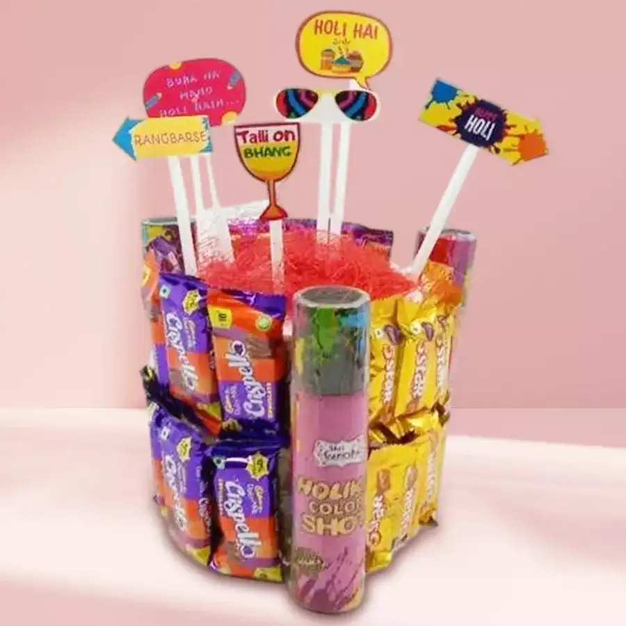 Assorted Cadbury Chocolate Tower with Holi colors and props