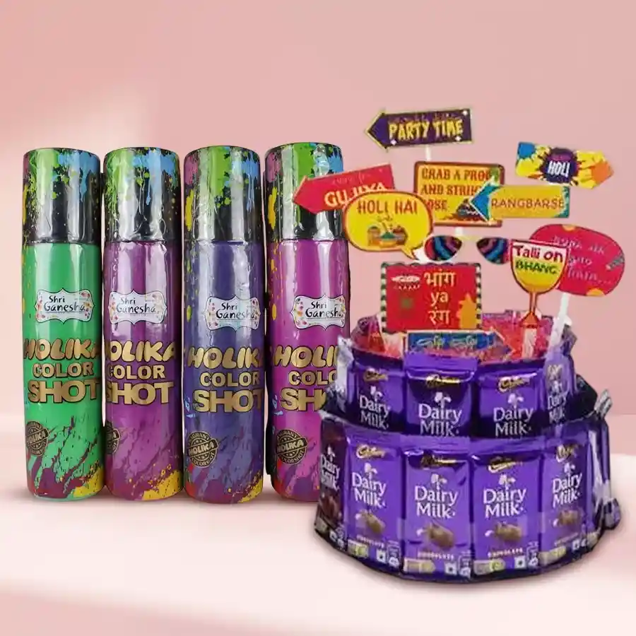 A twin-layered tower of Cadbury chocolates alongside vibrant liquid Holi colors and festive props, creating a colorful and delightful Holi celebration scene.