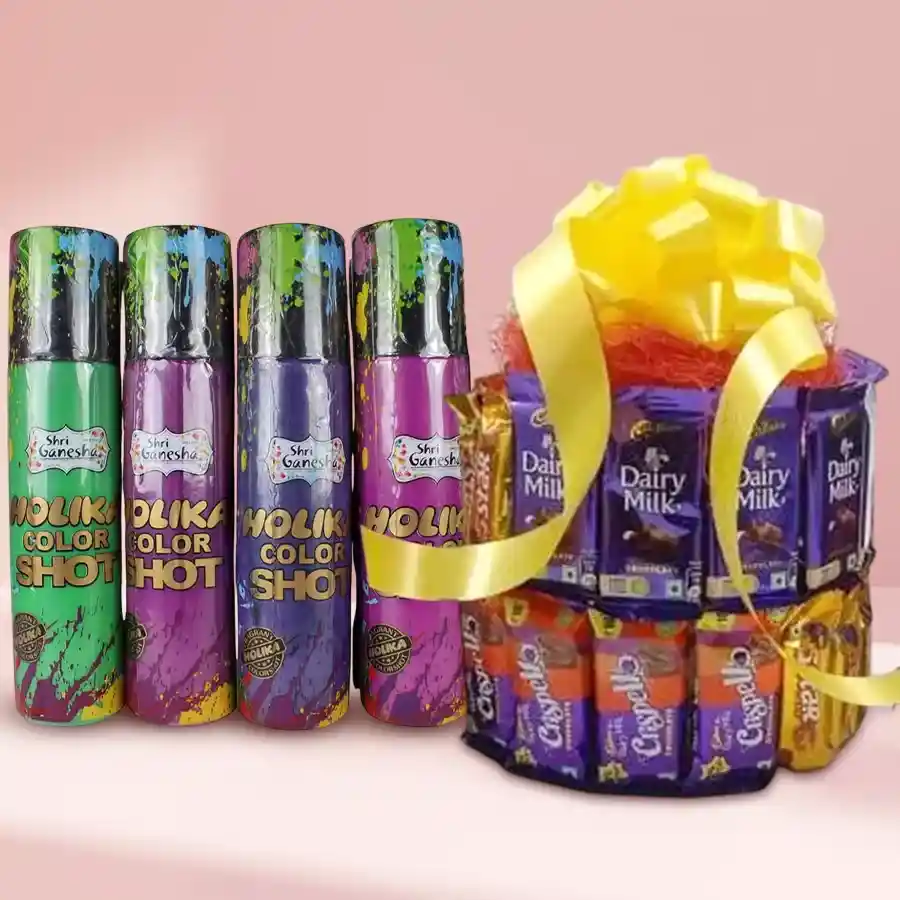 Cadbury Twin Layered Tower featuring Crispello Wafers, Five Star bars, Dairy Milk chocolates, and vibrant Holi colors