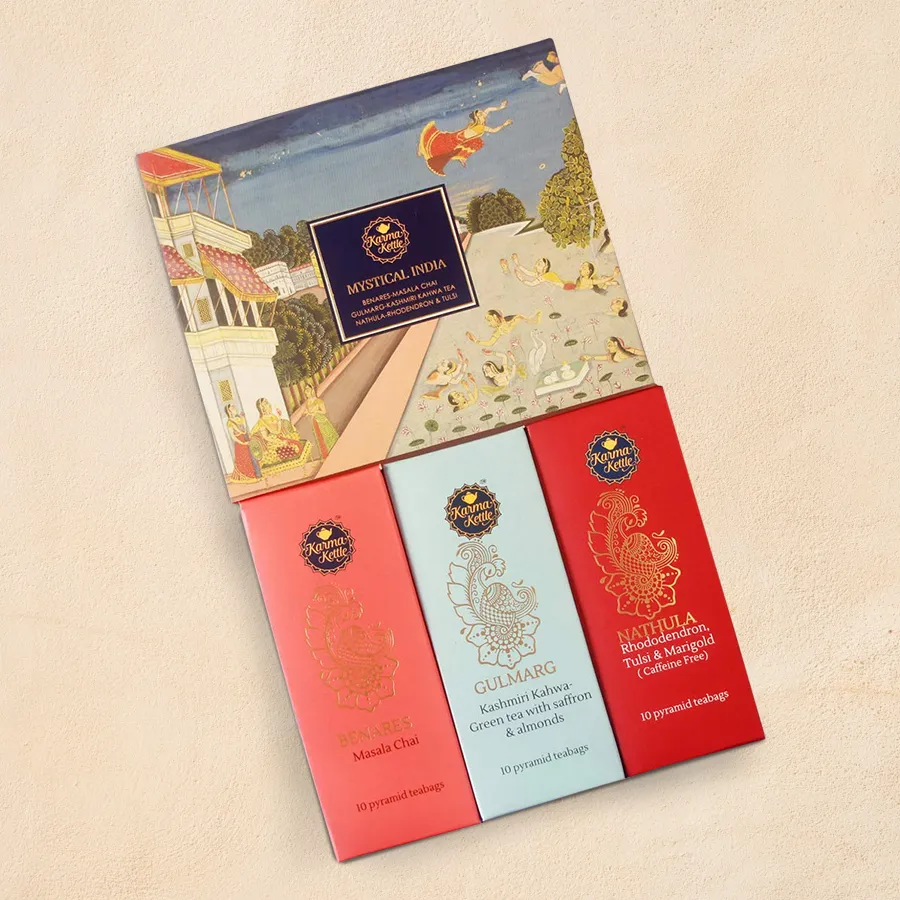 Assorted Indian Chai Hamper featuring three unique blends with pyramid teabags in a decorative box