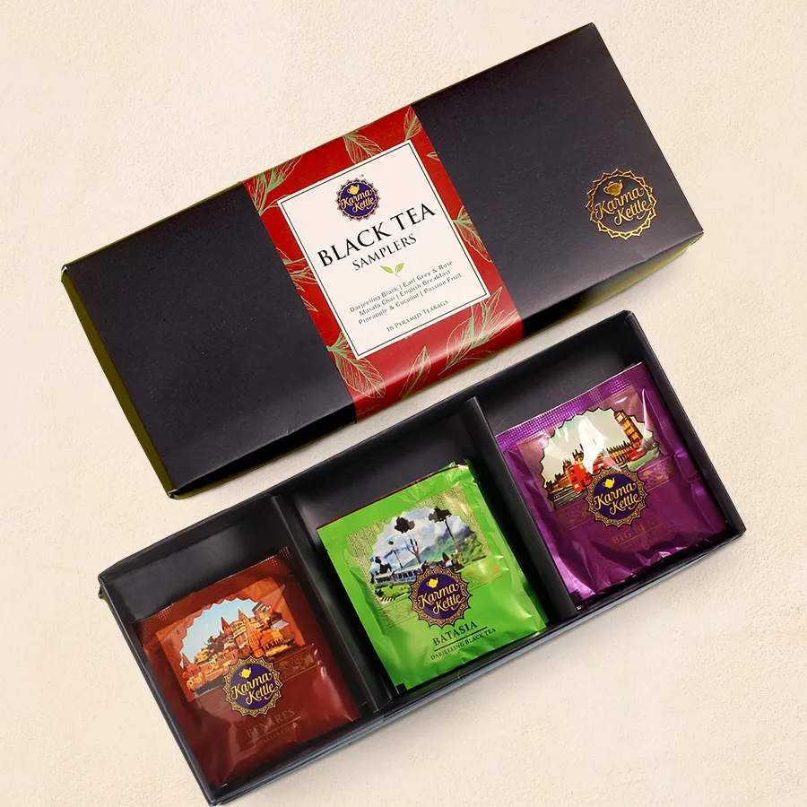 Luxury Black Tea Gift Box featuring six premium blends and three teabags of each blend in an elegant presentation