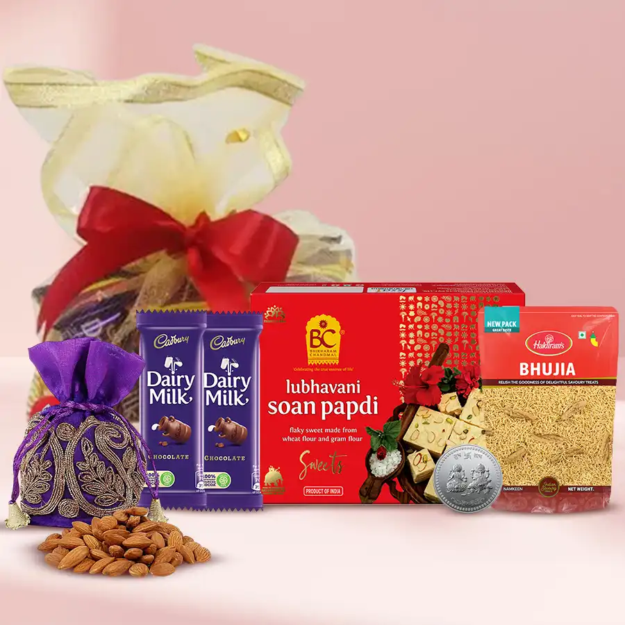 Fun Feast Diwali Hamper with sweets, snacks, and a decorative gift basket