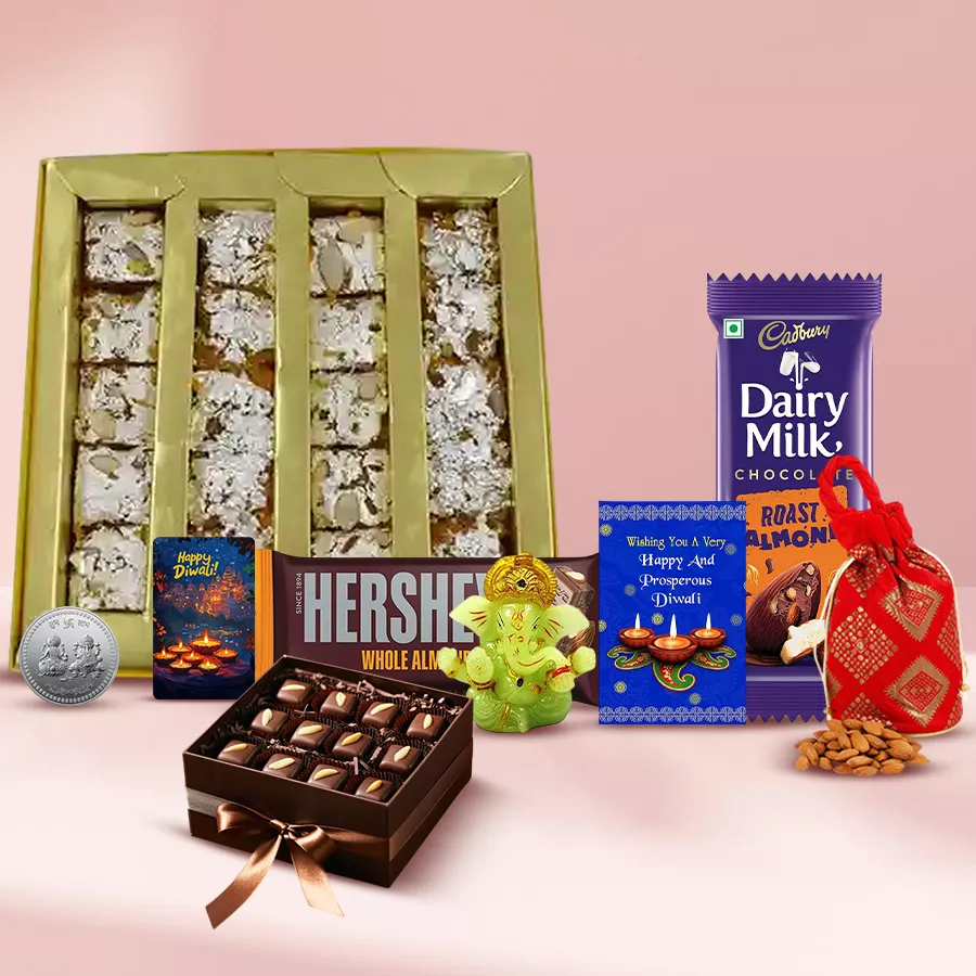 Diwali Bond of Affection Gift Hamper featuring sweets, chocolates, a Ganesh idol, handmade fridge magnet, almond potli, and a personalized Diwali card