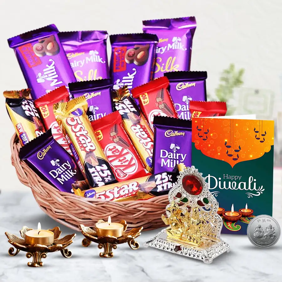 Joyful Festive Vibes Diwali Hamper with chocolates, tea light candle holders, Ganesh Lakshmi Mandap, silver coin, reusable basket, and a Diwali wishing card