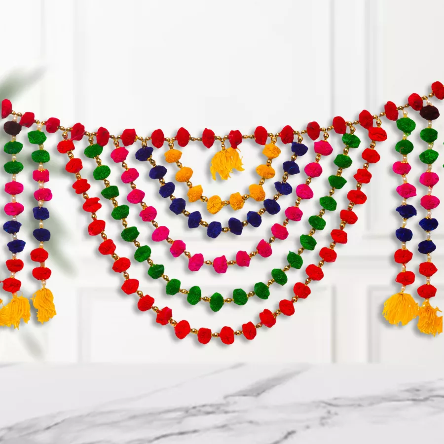 Colorful Ethnic N Decorative Pompom Door Toran hanging at an entrance