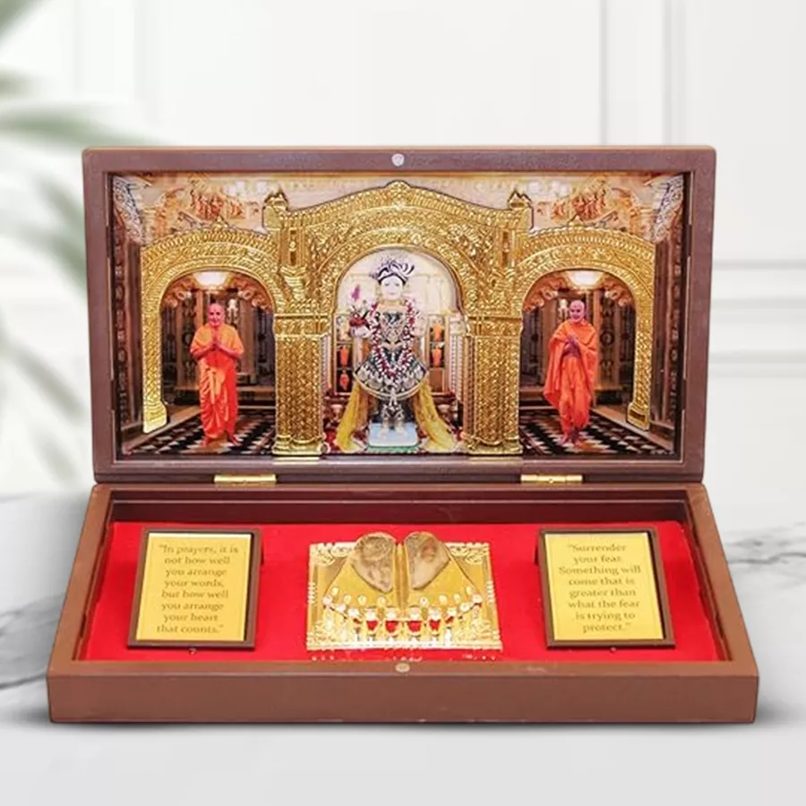 Auspicious Swaminarayan photo frame with Charan Paduka, elegantly crafted with gold plating and sturdy wood, showcasing a multicolored design, measuring 21 x 11.5 inches, suitable for tabletop display or wall mounting.