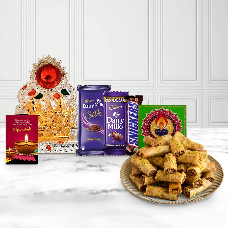 Real Treat Roll Baklava N Diwali Choco gift box with Roll Baklava, chocolate bars, handmade fridge magnet, Ganesh Laxmi Mandap, and Diwali card