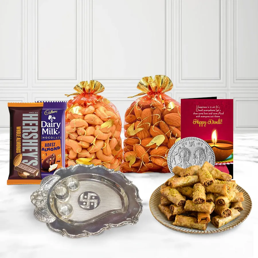 Roll Baklava Mania N Choco Feast gift box featuring baklava, chocolates, potlis, Ganesh & Laxmi coins, paan-shaped pooja thali, and a Diwali card.