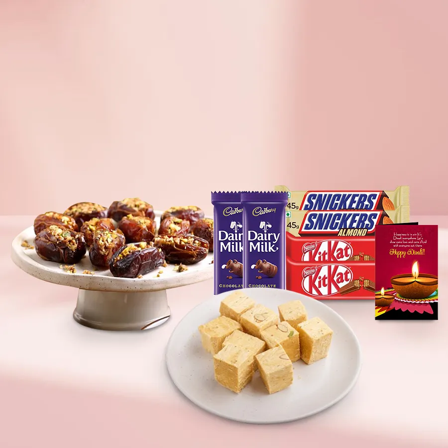 Dates Baklava Basket filled with assorted sweets including Soan Papdi, Cadbury Dairy Milk, Nestle KitKat, and Snickers Almond, decorated for Diwali celebrations.