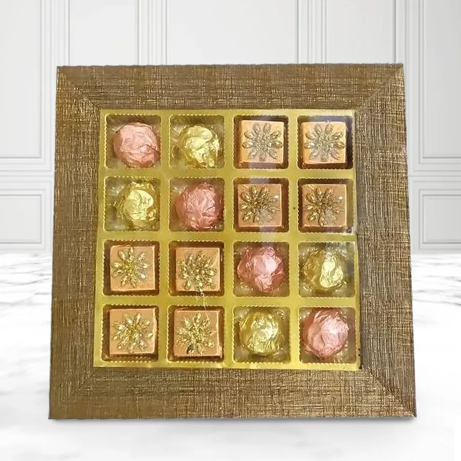 Festive Diwali Chocolate Gift Wooden Tray featuring 16 dark chocolates arranged beautifully on a handcrafted wooden tray