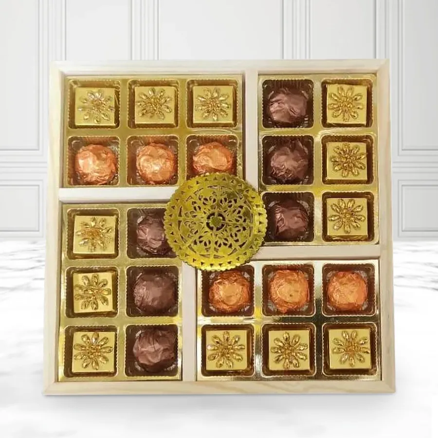 Delish Dark Chocolates in a rustic wooden tray for Diwali celebration