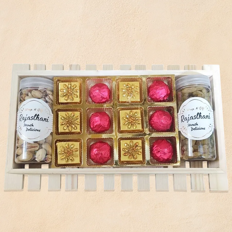 Elegant wooden tray filled with handcrafted dark chocolates and assorted dry fruits, beautifully arranged for Deepavali gifting.