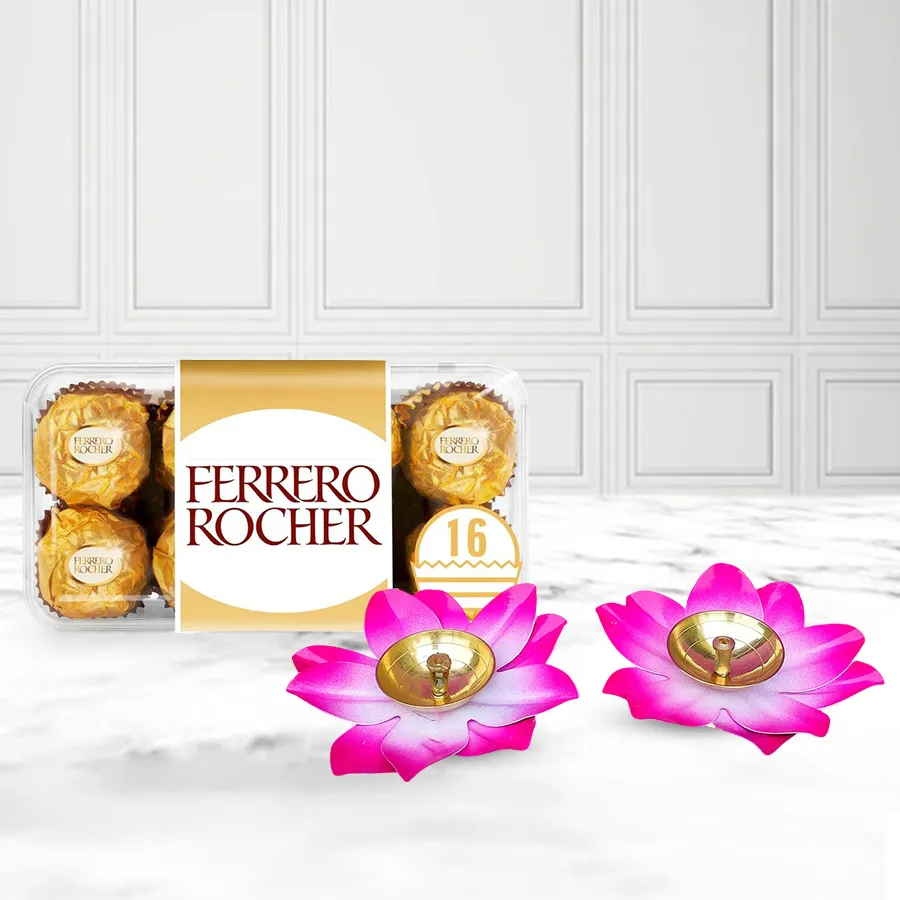 Royal N Tasteful Diwali Gift Box featuring Ferrero Rocher chocolates, elegant flowery diyas, and a Diwali wishing card.