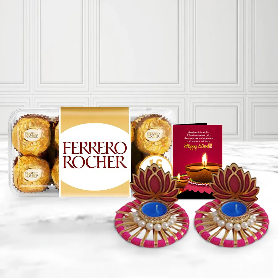 Festive chocolate box with designer diya and Ferrero Rocher chocolates for Diwali celebration