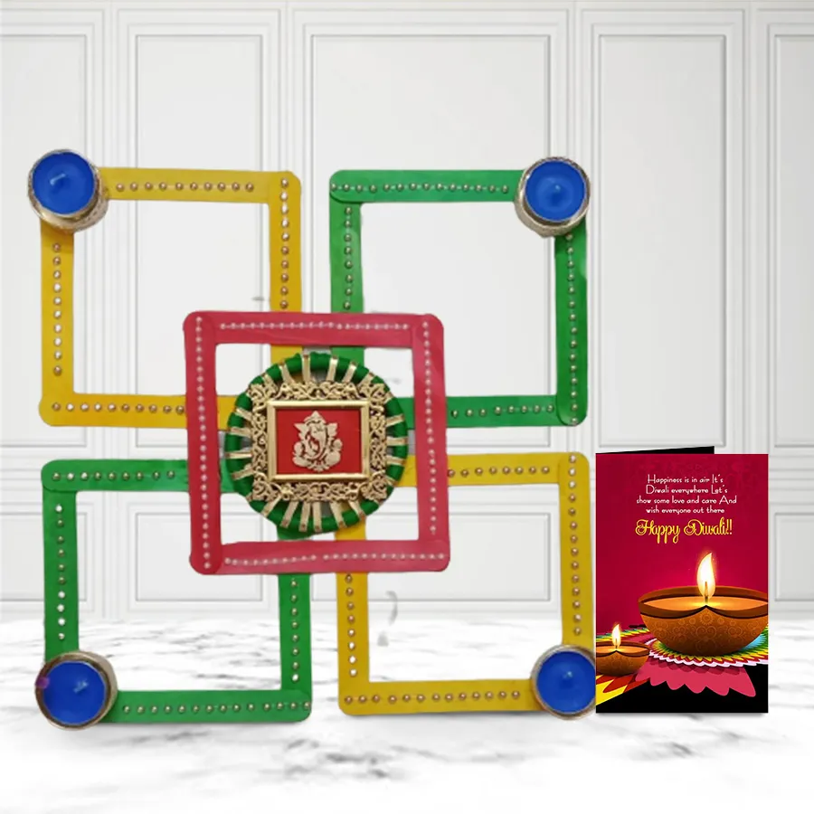 Designer Candle Diya and Rangoli set with vibrant colors for Diwali celebration