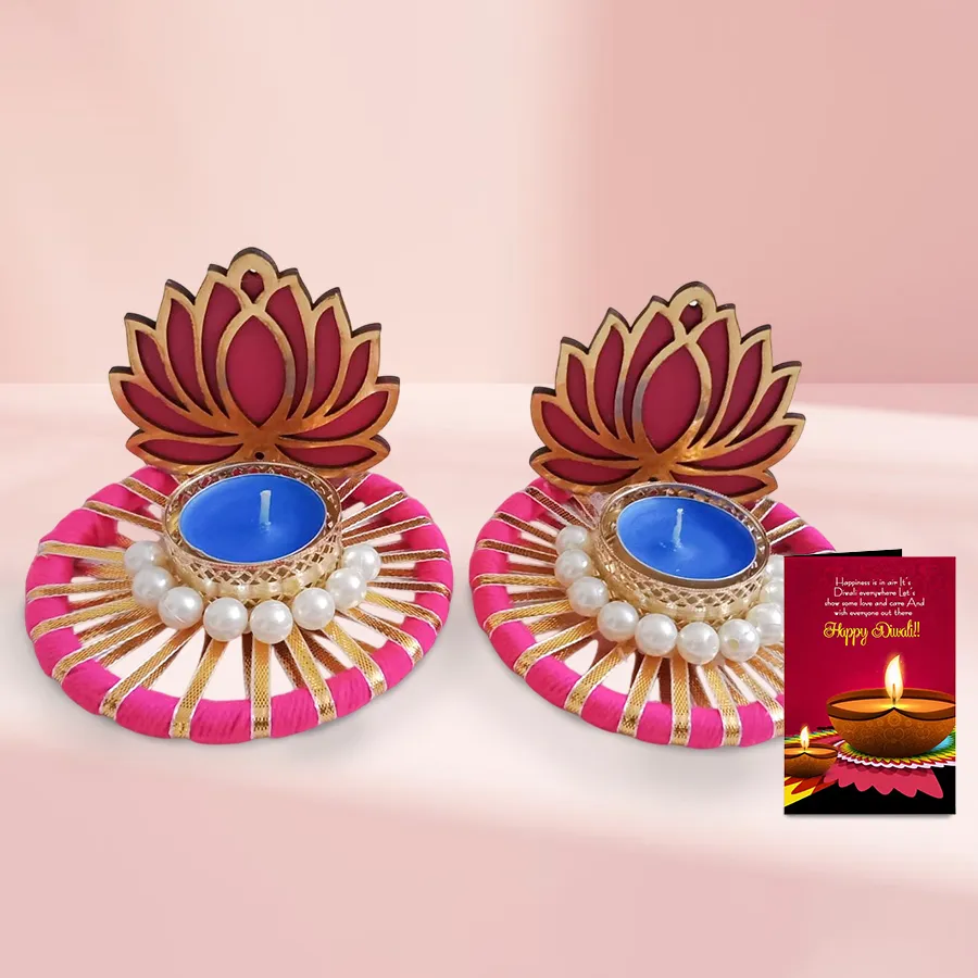 Elegant lotus-shaped diya set for Diwali celebrations with a wishing card.