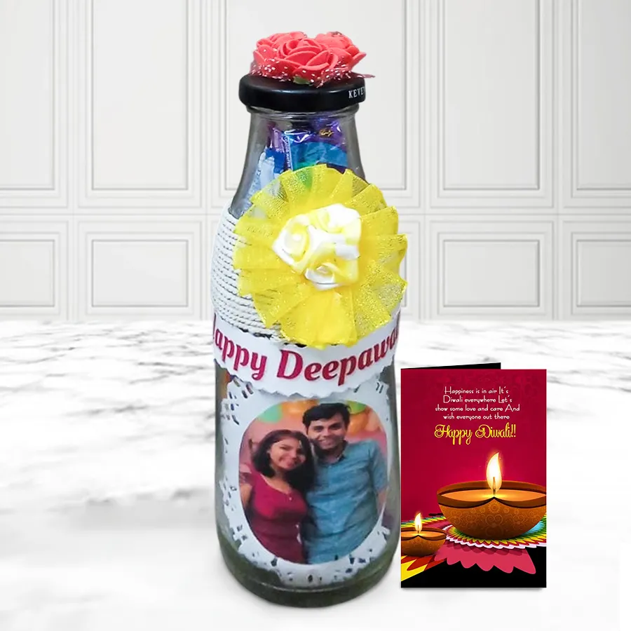 Personalized Diwali Wishes Lighting Bottle Lamp with chocolates and a greeting card