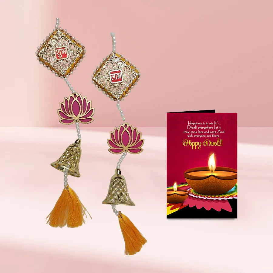 Beautiful handmade Diwali Shubh Labh Toran set decorating a doorway with vibrant colors and traditional designs.