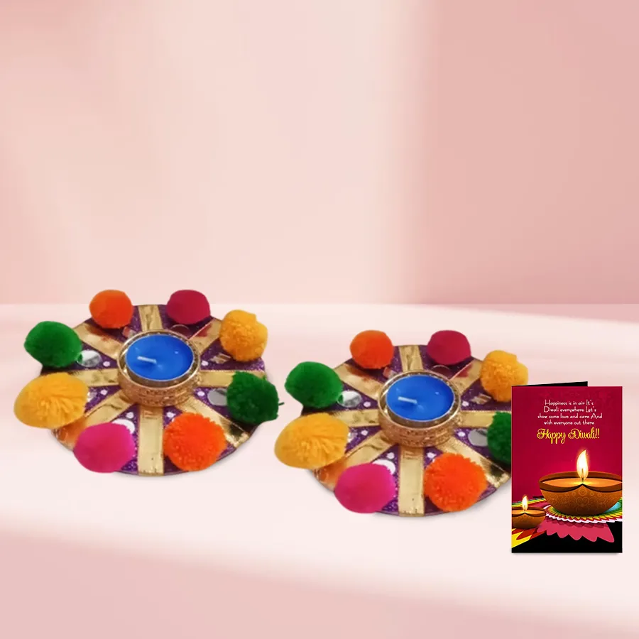 Designer Pom-pom Diya Set with vibrant pom-pom accents displayed on a festive background