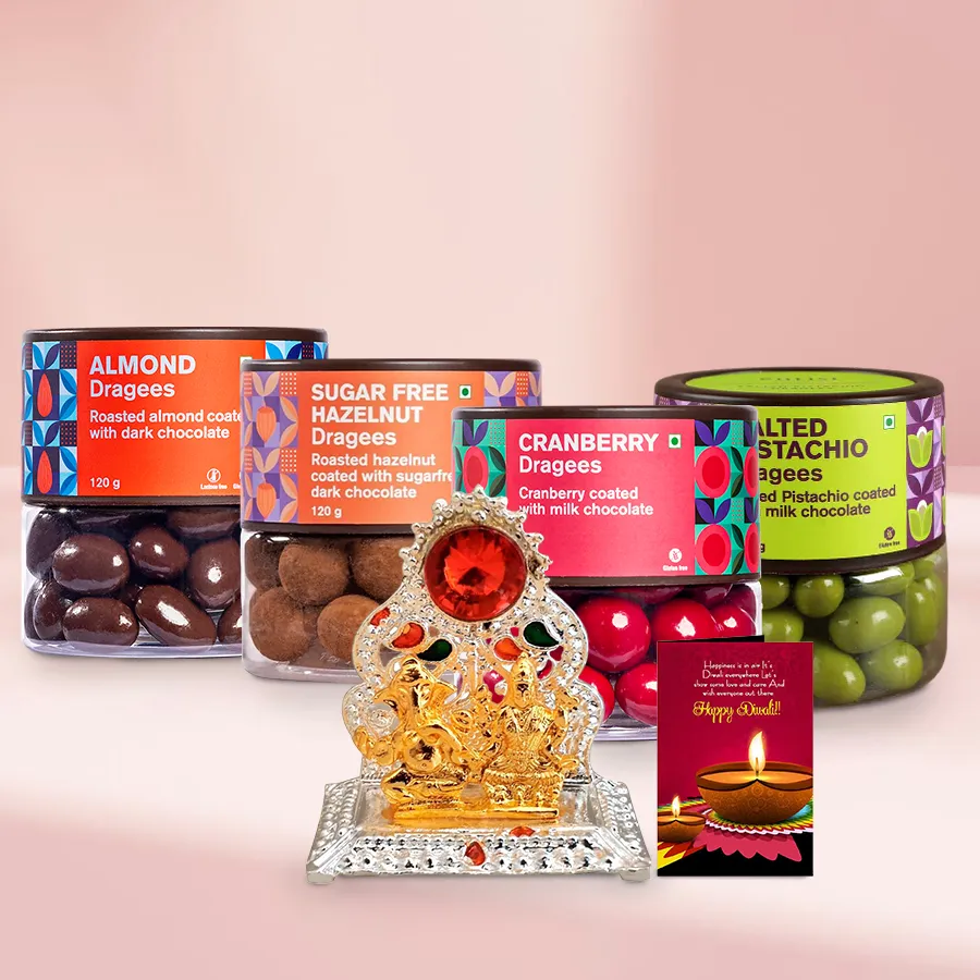 Super-sorted Dragee Set for Diwali featuring almond, pistachio, sugar-free hazelnut, and cranberry dragees, a Ganesh Laxmi Mandap, and a Diwali Gift Card.