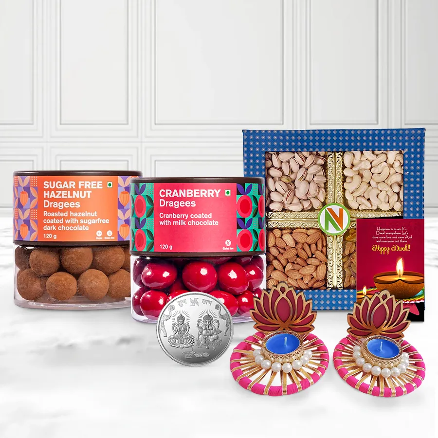 Assorted Dry Fruits and Sugar-Free Dragee Gift Basket with Diyas and Ganesh & Laxmi Coins