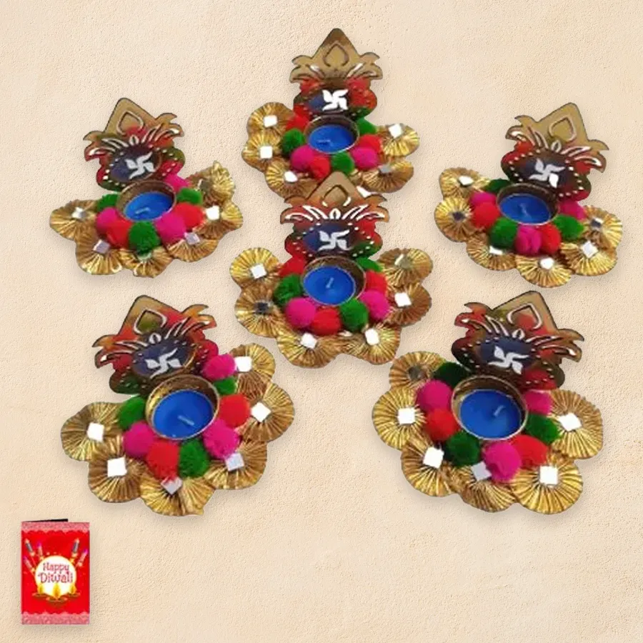 Light Projecting Swastik Kalash Diya Set of 6 with intricate designs and tea light candles