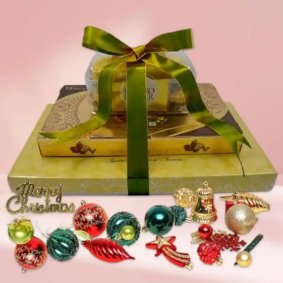 Christmas Special Chocolate Tower featuring Luxure Truffle Chocolates, Ferrero Rocher Moments, and Ferrero Rocher Hazelnut Chocolates in a decorative box