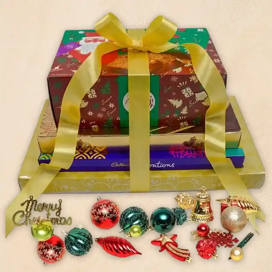 Premium Chocolate Tower with assorted treats and Christmas decorations