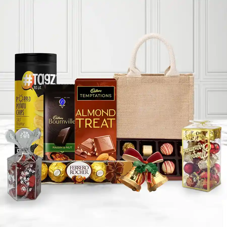 Happiness X-Mas Chip and Choco Treat Tray featuring crispy potato chips, homemade toffee, assorted chocolates including Cadbury and Ferrero Rocher, elegantly arranged in a festive jute bag decorated with Christmas decor.