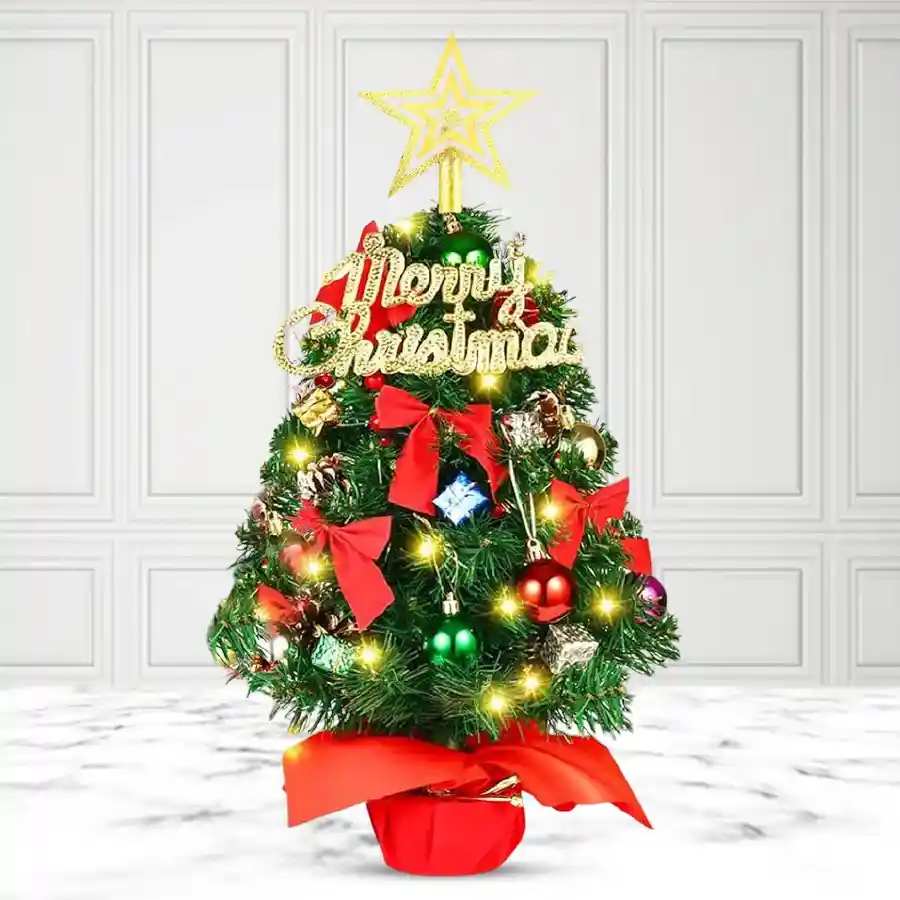 1-foot Christmas tree adorned with ornaments, ribbons, and decorations, showcasing a festive holiday spirit.