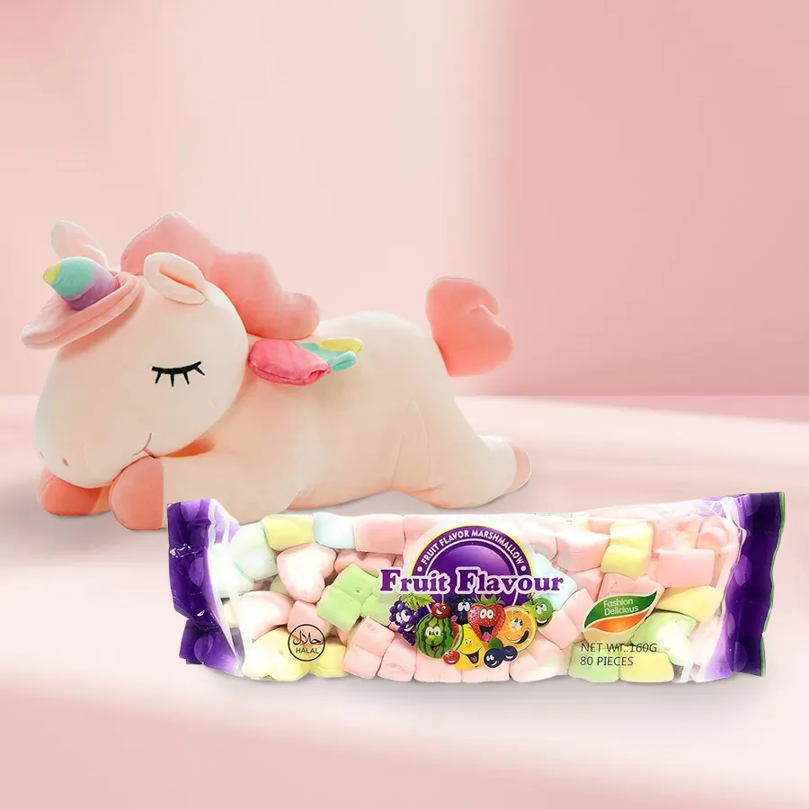 Joyful Unicorn Soft Toy and Flavored Marshmallow Duo set with colorful packaging.