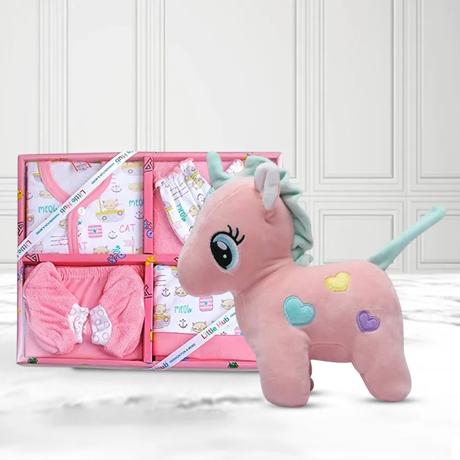 Cuddly unicorn soft toy and pink dress set for girls aged 0-3 months