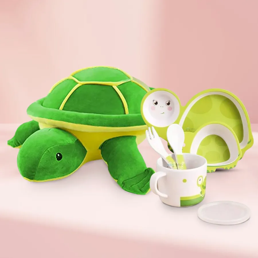 Wonderful Twin Turtle Gift Set featuring two plush turtle toys and a bamboo dinner set for kids