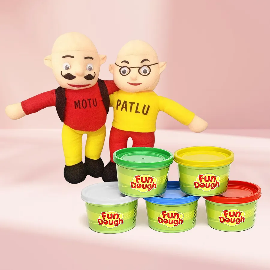 Soft Motu Patlu toy alongside Funskool Fundough gift set with colorful dough packs, perfect for children's imaginative play.