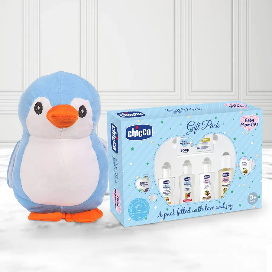 Exclusive Stuffed Toy with Chicco Baby Care Gift Set featuring a blue Penguin Teddy Bear and baby care essentials