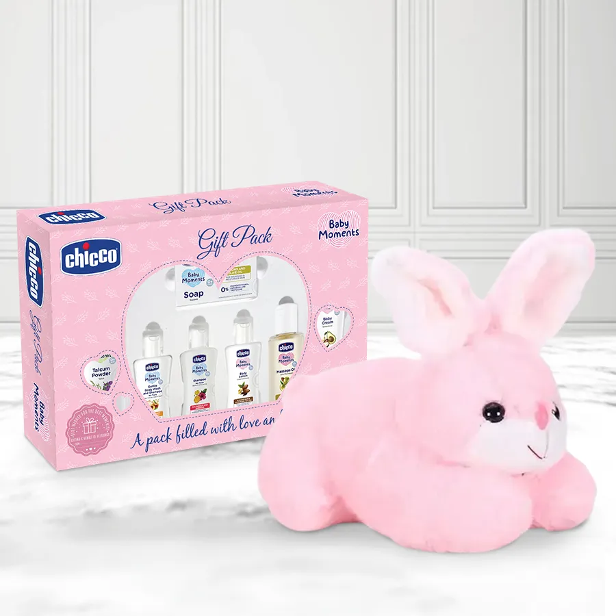 Kids Special Rabbit Stuffed Toy with Chicco Baby Care Gift Set, featuring a 36cm pink rabbit and essential baby care items.