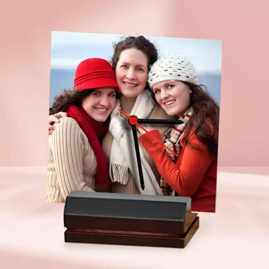 Personalized wooden photo frame with clock displaying a cherished photo.