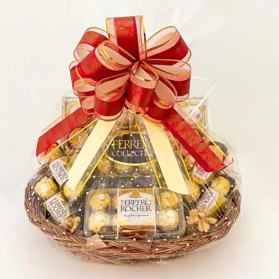 Flirty Ferrero Rocher Hamper Christmas gift with assorted chocolates in a reusable cane basket