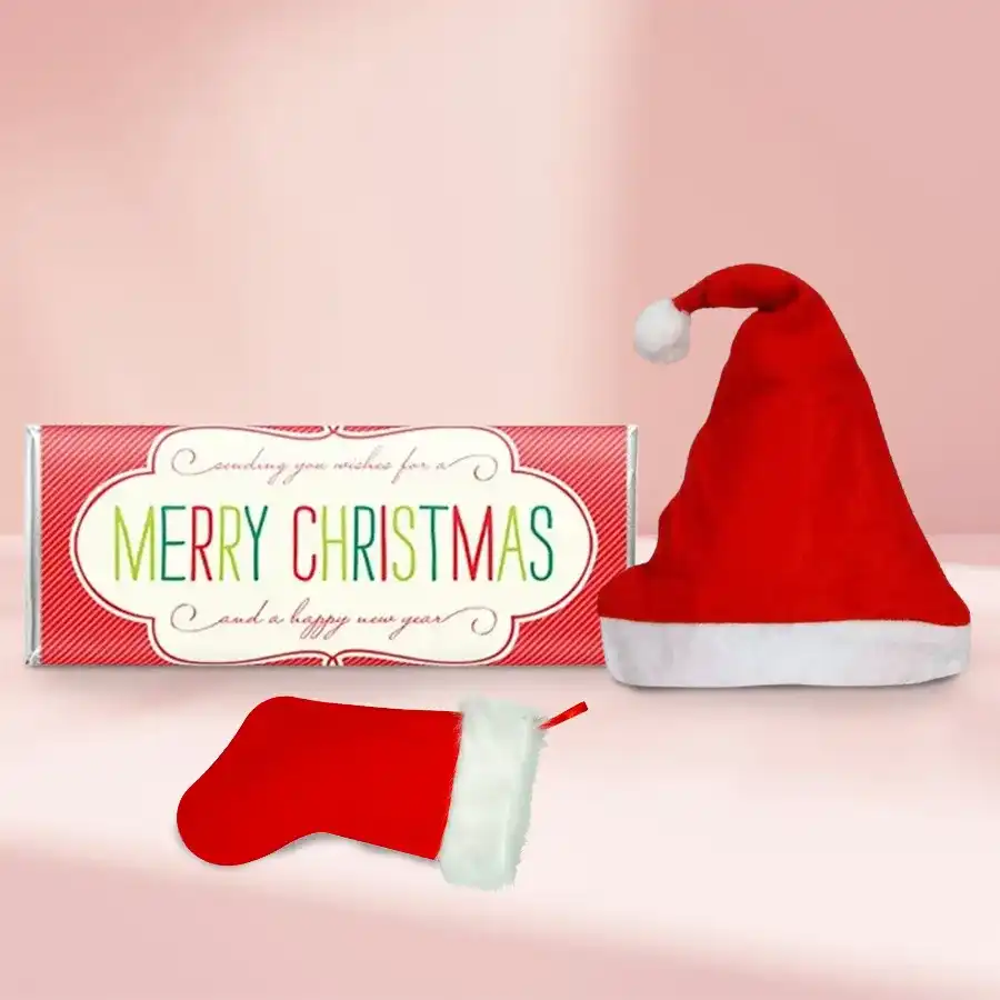 Ultimate Joy Santa Cap with X-Mas Choco Bar featuring a festive design and custom chocolate packaging