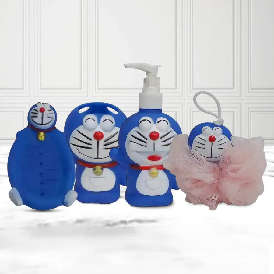 Doraemon themed bathroom set for kids featuring colorful towels, playful shower curtain, and adorable accessories