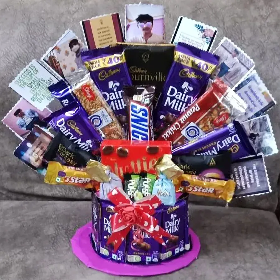 Personalized display of assorted chocolates and chikki with custom photos and messages