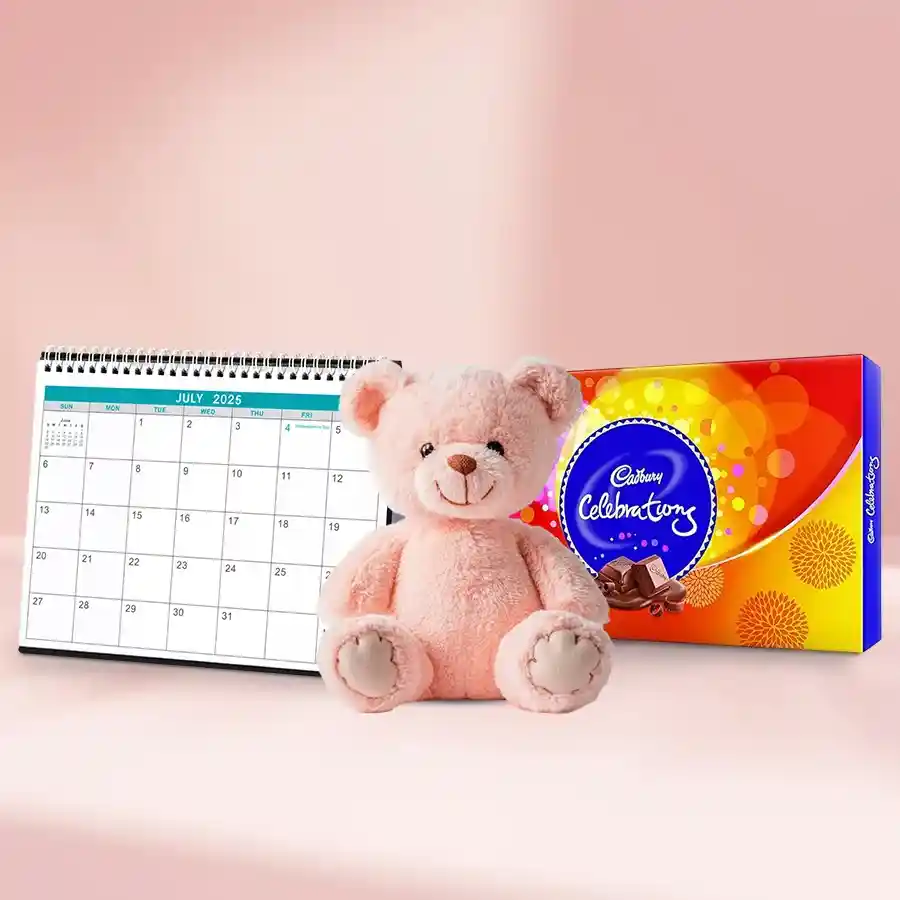 New Year Celebration Hamper featuring a desk calendar, a 6-inch teddy bear, and Cadbury’s Celebration chocolates.