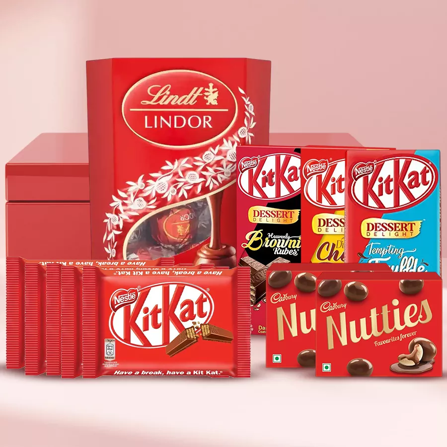 Specially Assorted V-Day Chocolate Hamper with Lindt Lindor, Cadbury Nutties, Nestle Dessert Delight, and Kit Kats in a red gift box