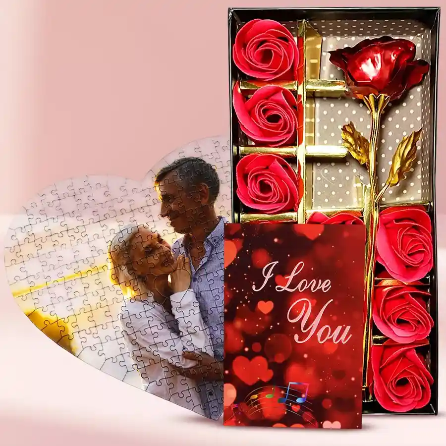 Personalized heart-shaped puzzle with artificial red rose and musical greeting card for Valentine's Day gift.