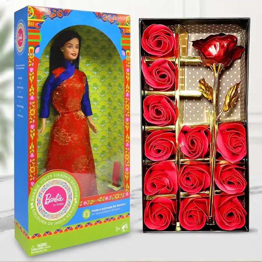 Gorgeous Artificial Roses and Barbie Doll Combo Set in a stylish box