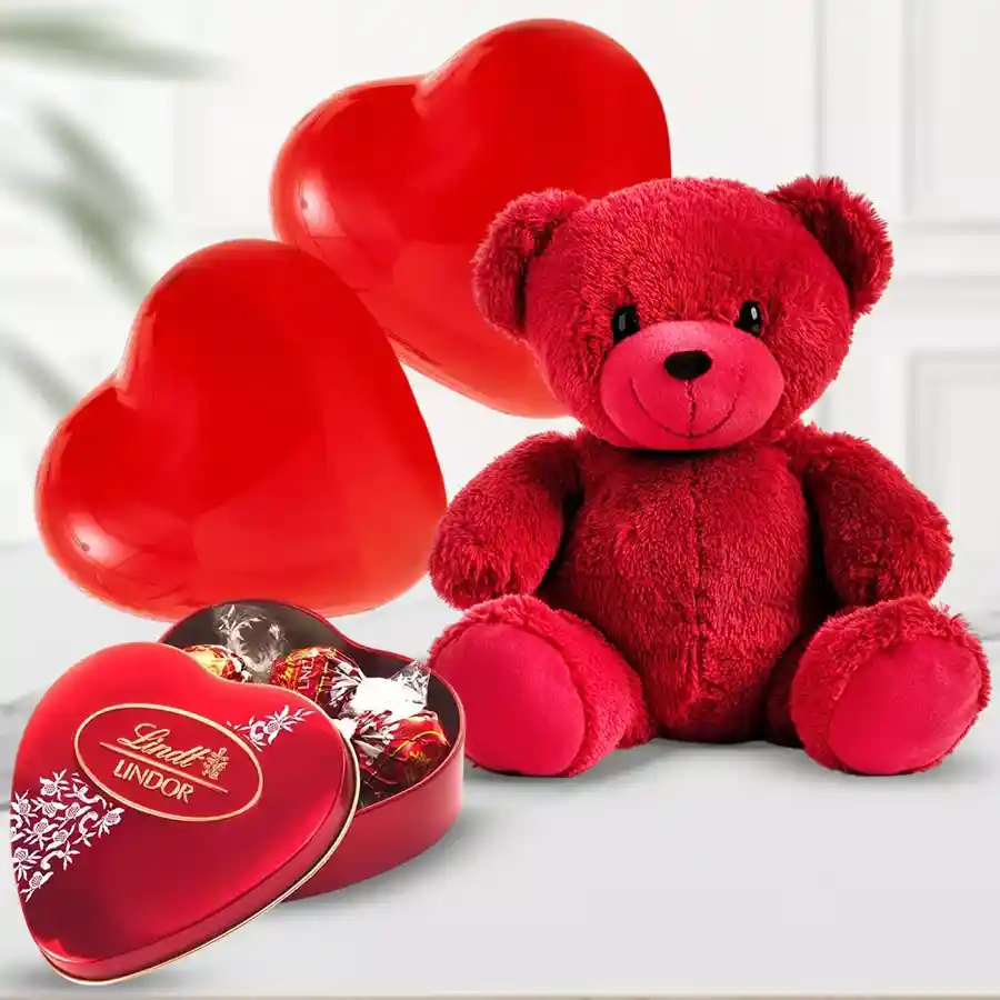 Cute red teddy bear with Lindt chocolate box and red heart-shaped balloons gift combo for Valentine's Day