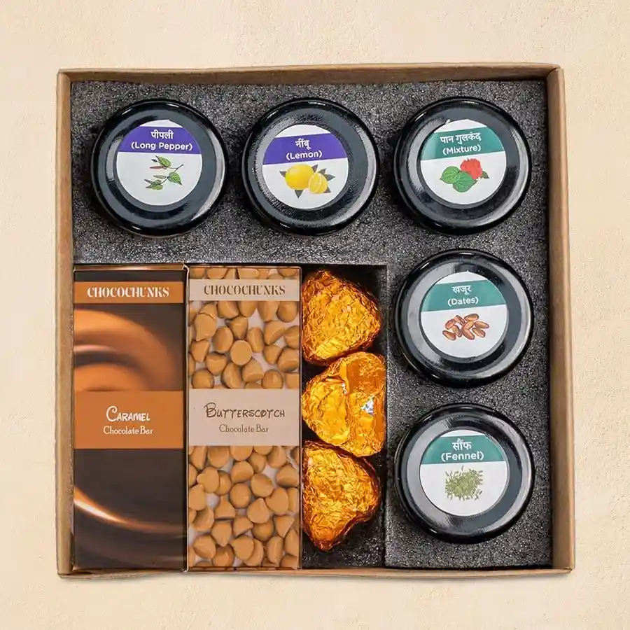 Indulgent Assorted Mukhwas and Chocolates Treat Box with hand-crafted mukhwas flavors and chocolate bars